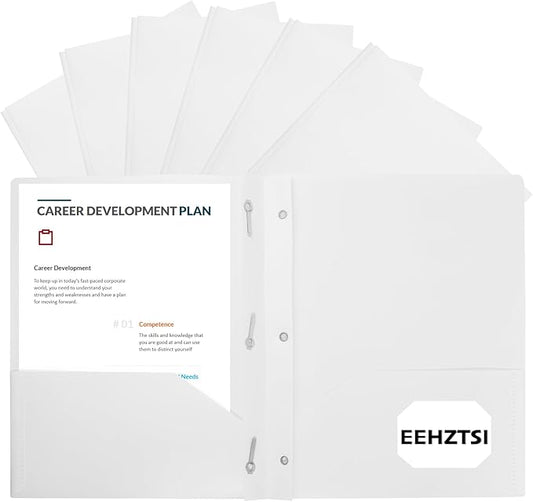 12-Pack Plastic Folders with Pockets and Prongs, 2-Pocket Poly Folders with 3 Fasteners Holds 8-1/2" x 11" Paper for School/Office/Home, White