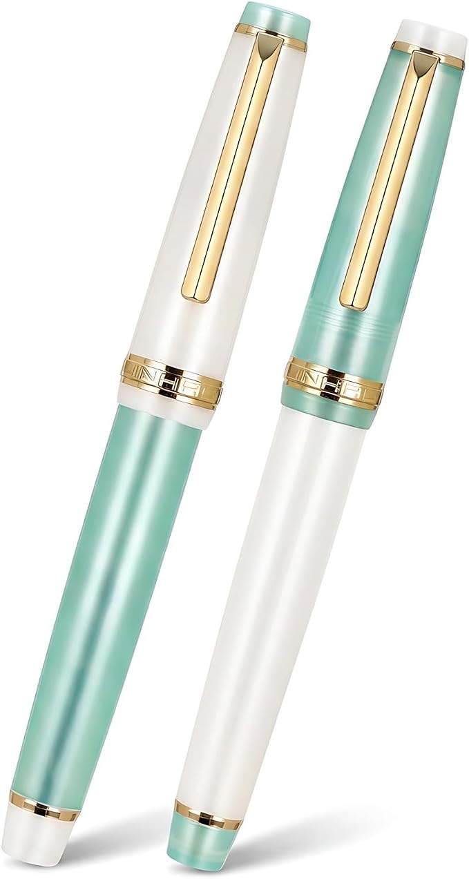 Jinhao 82 Acrylic Fountain Pen 2-Pack, Fine Nib, Lake Blue/Porcelain White | Refillable Fountain Pens With Converter In A Metal Gift Box . Lake Blue & Porcelain White Design