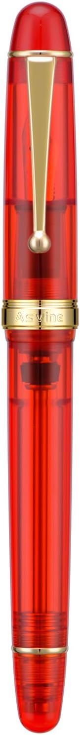 Asvine V126 Vacuum Filling Fountain Pen Extra Fine Nib, Transparent Red Acrylic, Large-Capacity with Gift Case
