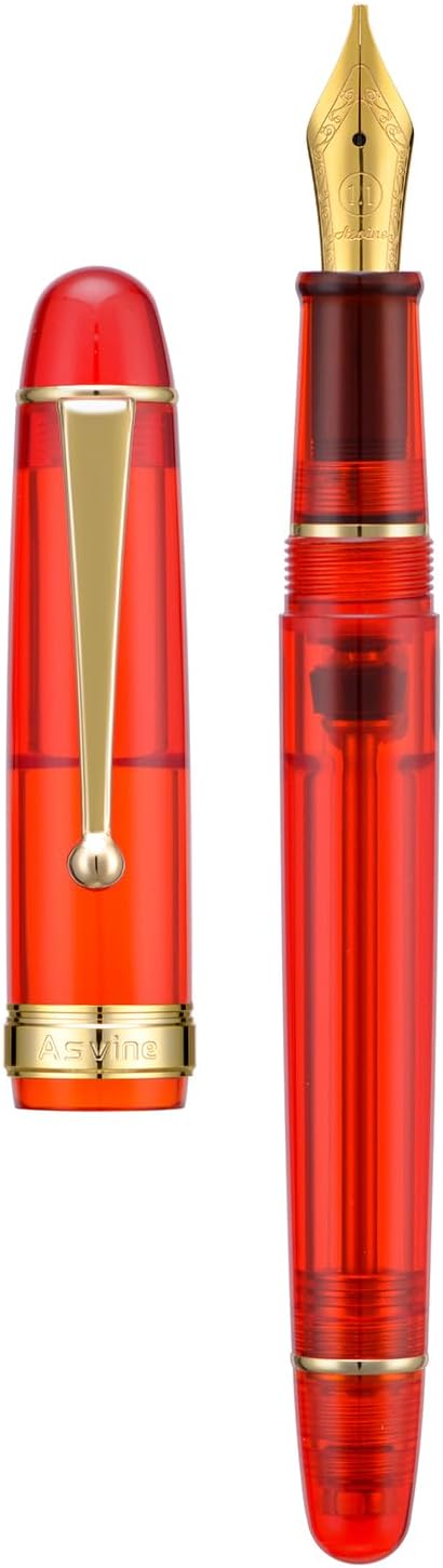 Asvine V126 Vacuum Filling Fountain Pen Transparent Red Acrylic, Medium Nib Large-Capacity with Gift Case