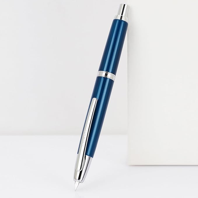 JH10 Press Fountain Pen Fine Nib with Velvet bag, Retractable Blue Metal Ink Pen with Converter Writing (PEARL BLUE)