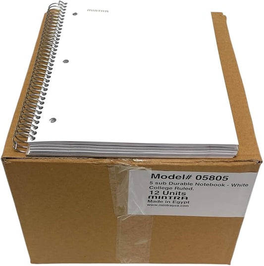 Mintra Office Durable Spiral Notebooks, 5 Subject (White, College Ruled 12pk)