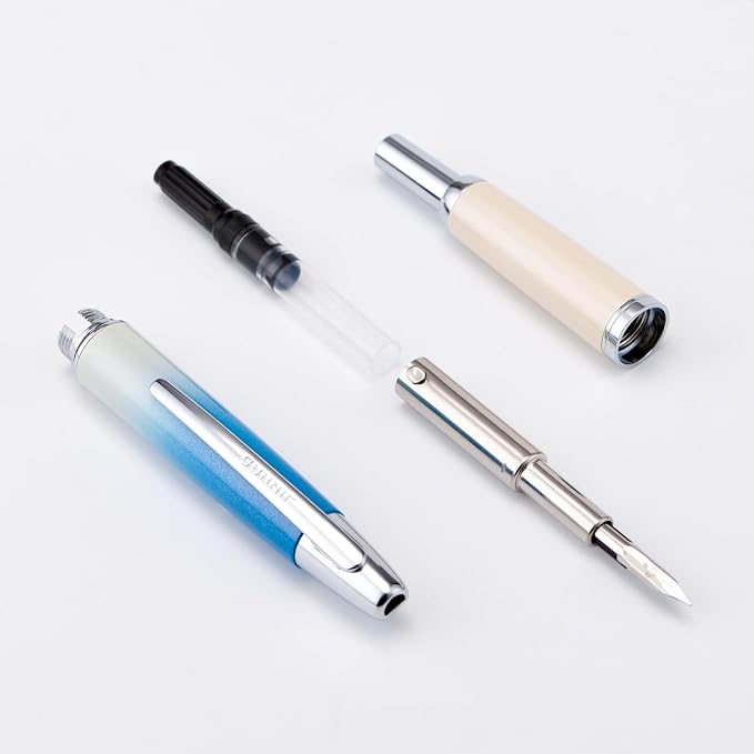 Jinhao 10 Press Fountain Pen with Box, Gradient Blue Retractable Fine Nib with Ink Converter Limited Edition Set (Silver Clip)