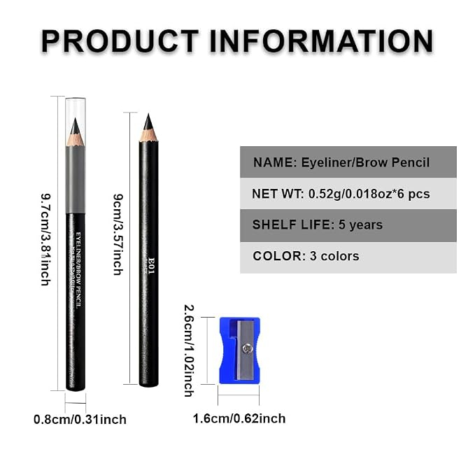 6Pcs Black Eyebrow Pencils for Women, Wooden Hard-Core Eyebrow and Eyeliner Pencil, Long Lasting Waterproof and Sweat-Proof, Beginner Makeup Brow Pencil With Pencil Sharpener (Black, 6Pcs)