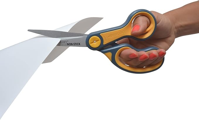 Westcott 8-Inch Non-Stick Titanium Scissors For Office and Home - Glide Adjust Technology - Grey/Yellow Craft, Fabric Scissors - 1 Pack