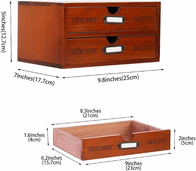 Small Wooden Drawers Wooden Box with Drawer Brown | 2 Drawer Storage Box for Apothecary Cabinet, Apothecary Drawers，Desktop Organizer with Metal Handles for Office，Home