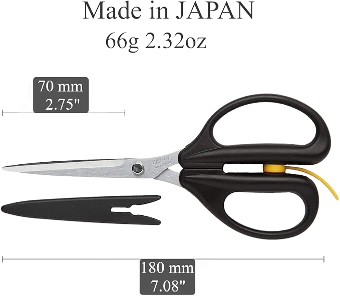 CANARY Spring Loaded Craft Scissors with Cover 7.2" [Long Blade], Made in JAPAN, Razor Sharp Japanese Stainless Steel Blade, Black