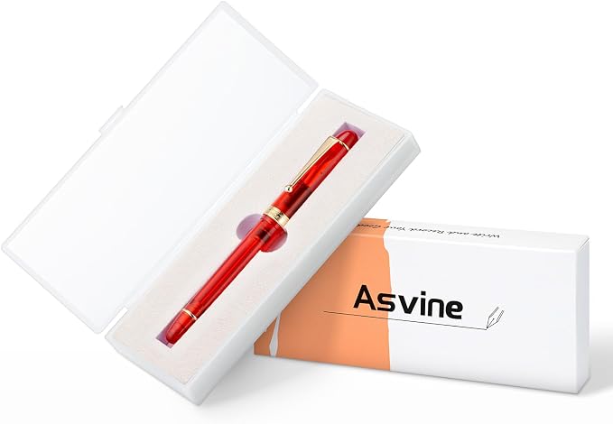 Asvine V126 Vacuum Filling Fountain Pen Extra Fine Nib, Transparent Red Acrylic, Large-Capacity with Gift Case