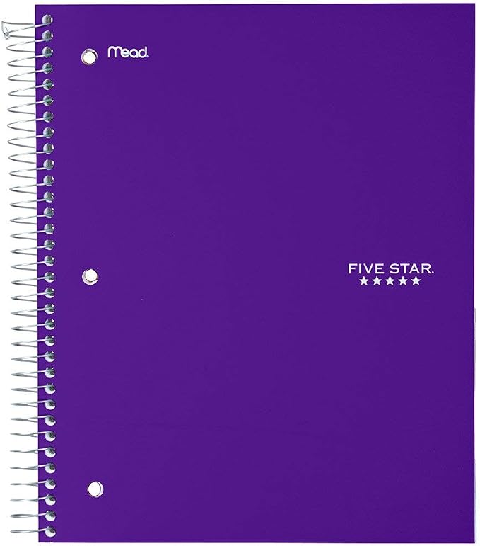 Five Star Spiral Notebook + Study App, 5 Subject, Wide Ruled Paper, 8" x 10-1/2", 200 Sheets, Fights Ink Bleed, Water Resistant Cover, Amethyst Purple (38739)