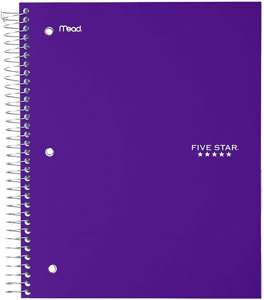 Five Star Spiral Notebook + Study App, 5 Subject, Wide Ruled Paper, 8" x 10-1/2", 200 Sheets, Fights Ink Bleed, Water Resistant Cover, Amethyst Purple (38739)