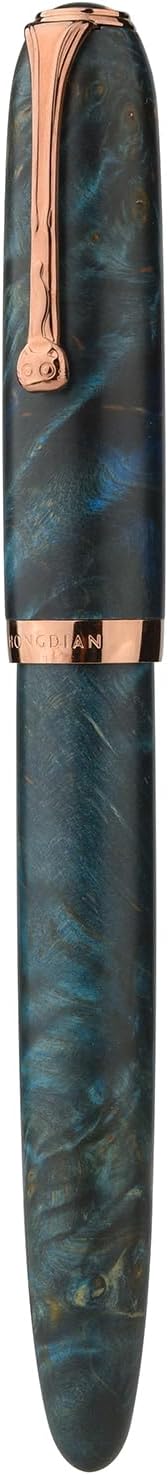 HONG DIAN A10 Stabilized Wood Fountain Pen, Fine Nib Chinese Knot Carving Handcraft Pen with Magnetic Cap and Metal Box Set (Galaxy Blue)