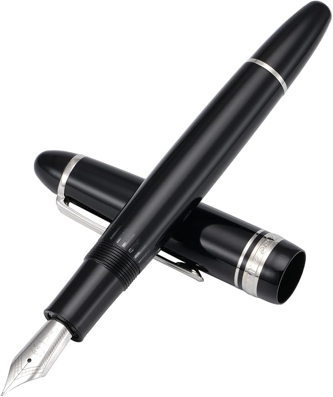 erofa Majohn P136 Piston Fountain Pen Extra Fine Nib with Box, Black Resin Writing Pen Set