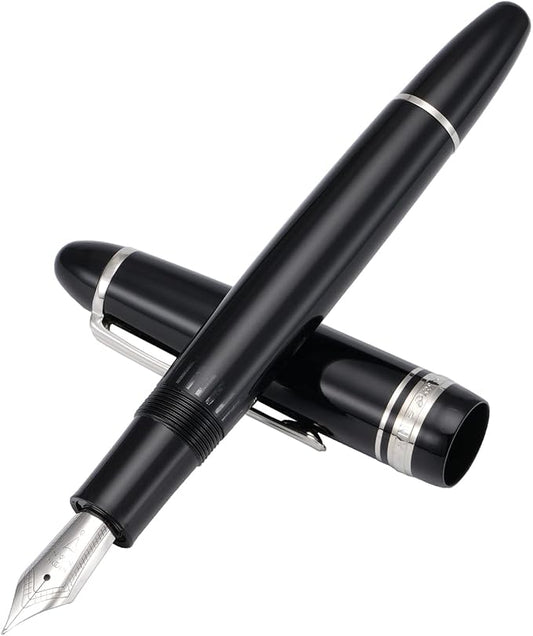 erofa Majohn P136 Piston Fountain Pen Extra Fine Nib with Box, Black Resin Writing Pen Set