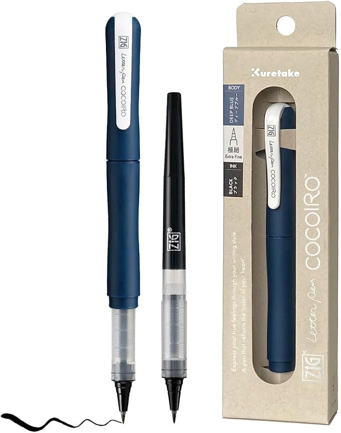 Kuretake ZIG Letter Pen COCOIRO, Body with Black Ink Refill Set, Flexible Extra Fine Brush Tip, Refillable marking Pen for Calligraphy, Hand Lettering, Made in Japan (DEEP BLUE, Black)