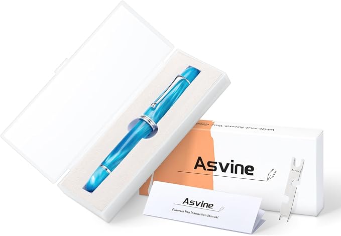 Asvine V800 Fountain Pen – Vacuum Filling System with Large Ink Capacity – Smooth Number 8 Fine Nib with Gift Case and Wrench- Sky Blue Acrylic