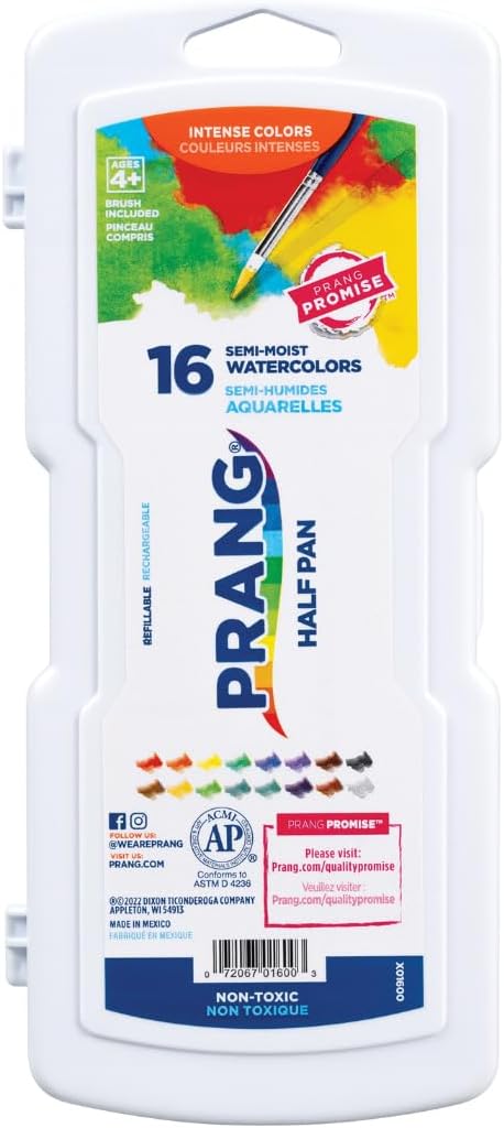 Prang Semi-Moist Watercolors 16-Color Half Pan Paint Set, Pack of 1 | Refillable, Size 6 Paint Brush Included