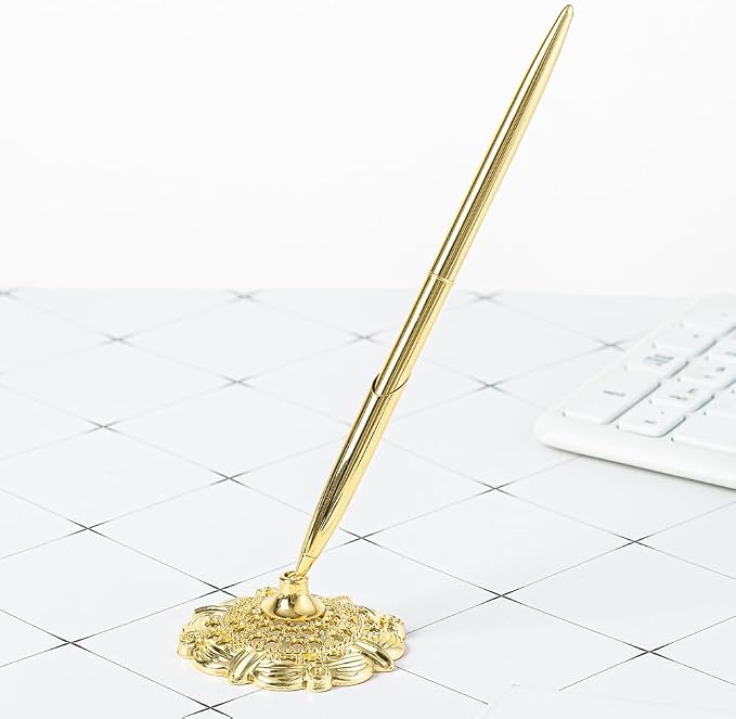 lasenersm 1 Piece Pen Holder Hollow Round Pen Holder Signing Pen Set Pen Stand Guest Sign In Pen and Pen Stand Set Wedding Signing Pen Set Wedding Guest Book Pen with Stand, Golden