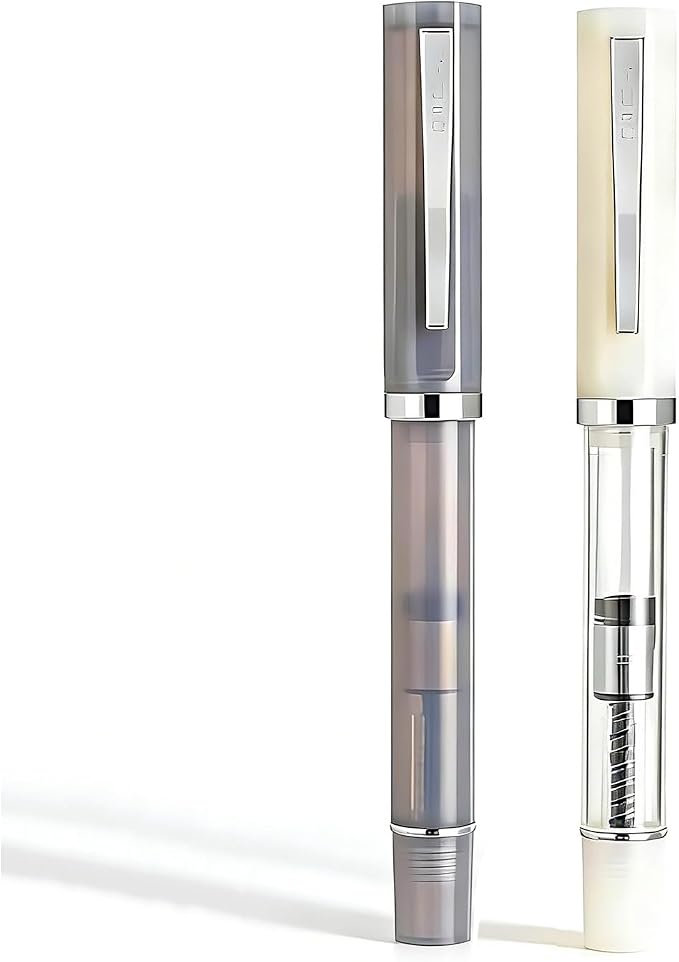 2-Pack Jinhao 58D Fountain Pen Set, Transparent White & Gray 0.5mm Fine Nib | Transparent Resin, Ergonomic Triangular Grip. Includes Converter 3.4mm, Perfect For Office & Journaling