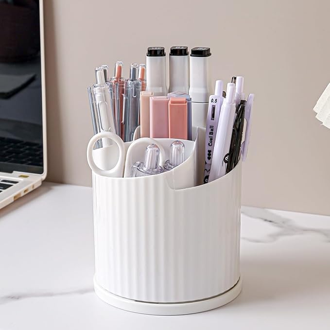 Desk Organizer, 360° Rotating Pen Holder with 5 Compartments, White | 5 Compartments, Pencil Cup, Storage Box Caddy, For Kids, Office, School, Home