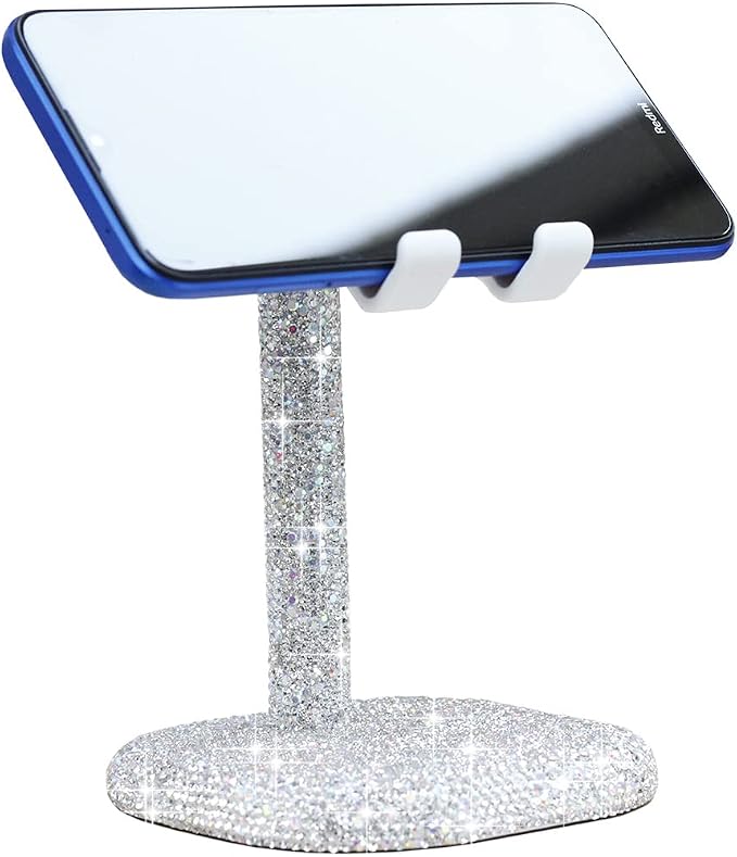 Bling Rhinestone Crystal Phone Stand, Adjustable Cell Phone Stand, Phone Holder for Desk, Desktop Holder, Cradle Compatible with iPhone Samsung Smartphones SL (White)