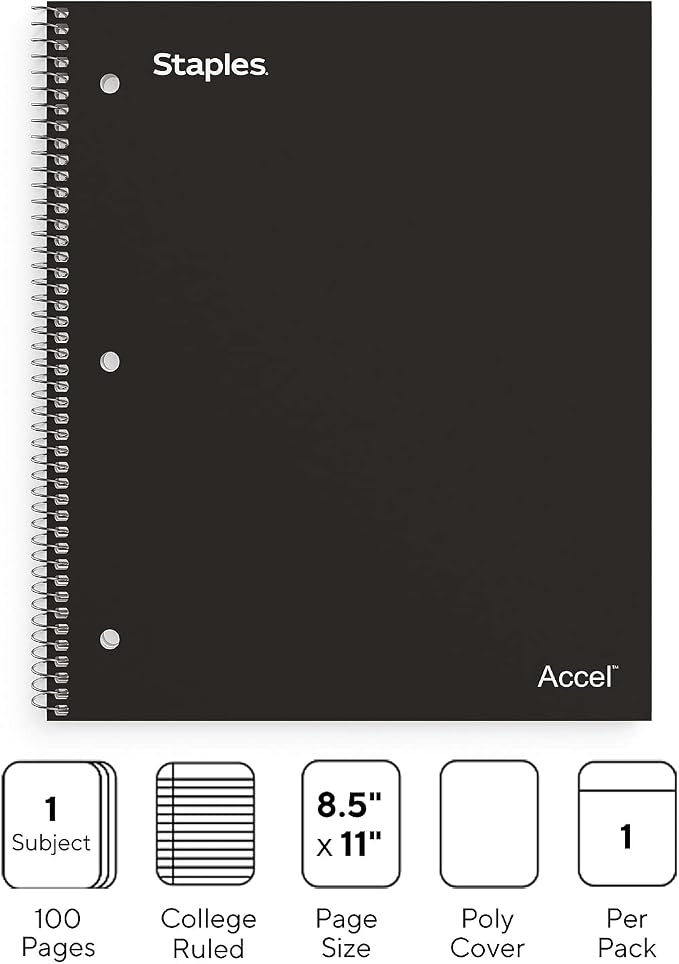STAPLES Premium 1‑Subject Notebook, 8.5” x 11”, College Ruled, 100 Sheets, Black, 3‑Pack