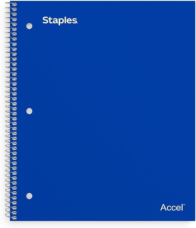 STAPLES Accel 1‑Subject Notebook, 8.5” x 11”, College Ruled, 100 Sheets, Blue