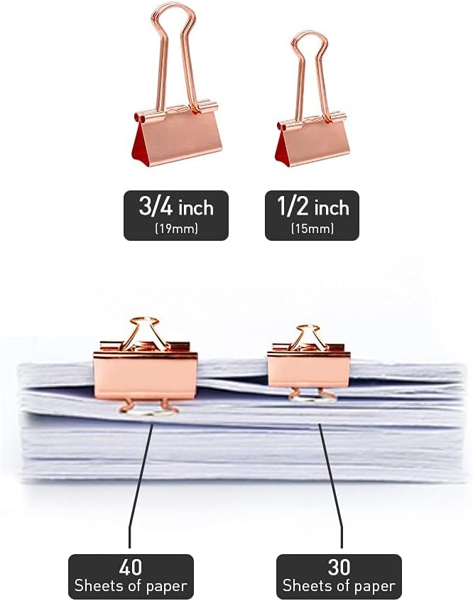 Mini Binder Clips, 120 Pack, 5/8 Inch, Standard 15mm, Rose Gold, Binder Paper Clips, Fold Clamp, Capacity 0.23 Inch, Paper Clips, Office Supplies