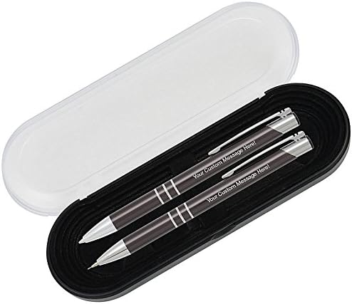 Personalized Engraved Classic Metal Ballpoint Pen & Mechanical Pencil Gift Set. Includes Case - Graphite Grey Color with Silver Accents. Black Ink