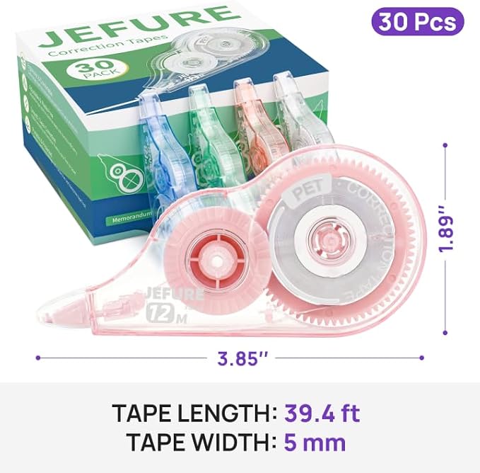 30 Pcs Colorful Core Correction Tape, 39.37 Ft White Wrong Out Tear-Resistant Bulk, Instant Corrections Easy to Use Applicator for School, Office, Note Taking, Journal (Tape Width 0.2 in)