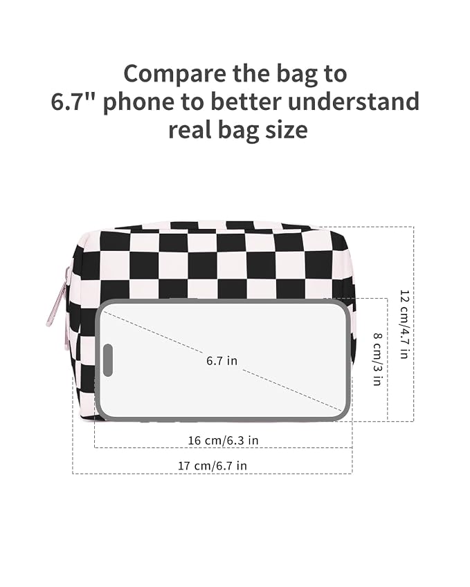 Narwey Small Checkered Makeup Bag for Purse Mini Cosmetic Bag Travel Makeup Pouch Zipper Pouch Cute Make up Bags with Compartments for Women Girls (Black Checkerboard, Small)