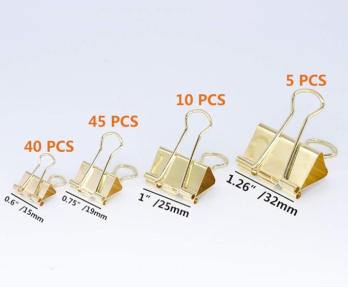 Binder Clip Paper Clamps, Assorted Sizes (Mini, Small, Medium, Large), 100 Pcs Clips for Office School Supplies (Gold)