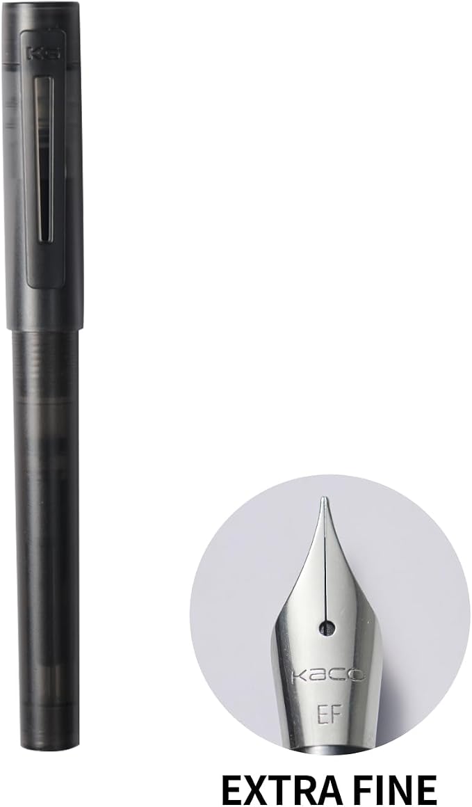 Kaco SKY Fountain Pen with Extra 8 Cartridges, Black Ink Pen with Extra Fine Nib and Ink Converter, Black