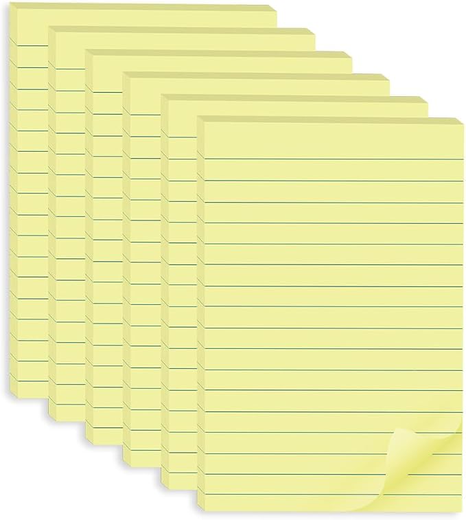 (6 Pack) Lined Sticky Notes 4x6 in,Yellow Large Notepads with Lines,Ruled Stickies Super Sticking Power,Office School Memo Note Pads,Post on Windows Doors,Recyclable,Easy to Write on,Hold Well