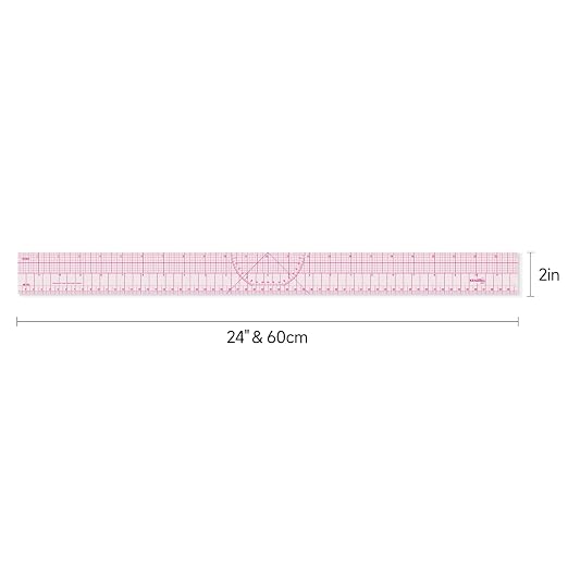 KEARING 24" 60cm Graph Ruler with Protractor - Dual Pattern Grading Tool | Clear 1.2mm flexible plastic grid ruler with zero centering scale and protractor. Sandwich line printings never rub off