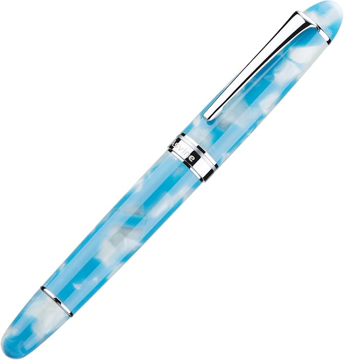 Asvine P50 Piston Fountain Pen Sky Blue Resin, Medium Nib Silver Trim Smooth Writer Collection with Pen Case Gift Set
