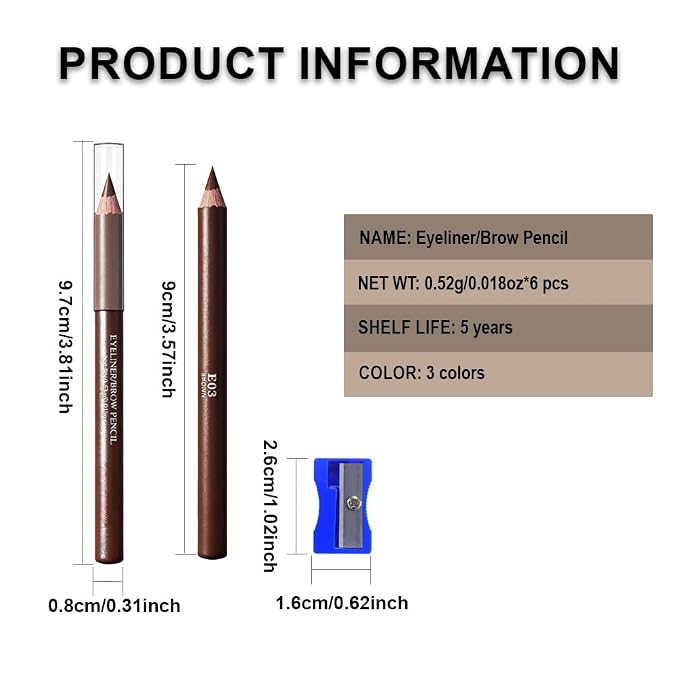 6Pcs Brown Eyebrow Pencils for Women, Wooden Hard-Core Eyebrow and Eyeliner Pencil, Long Lasting Waterproof and Sweat-Proof, Beginner Makeup Brow Pencil With Pencil Sharpener (Brown, 6Pcs)