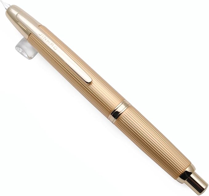 JINHAO 10 Press Fountain Pen, Retractable Metal Pen with Ink Converter (F Nib 0.5mm, Striated Golden)