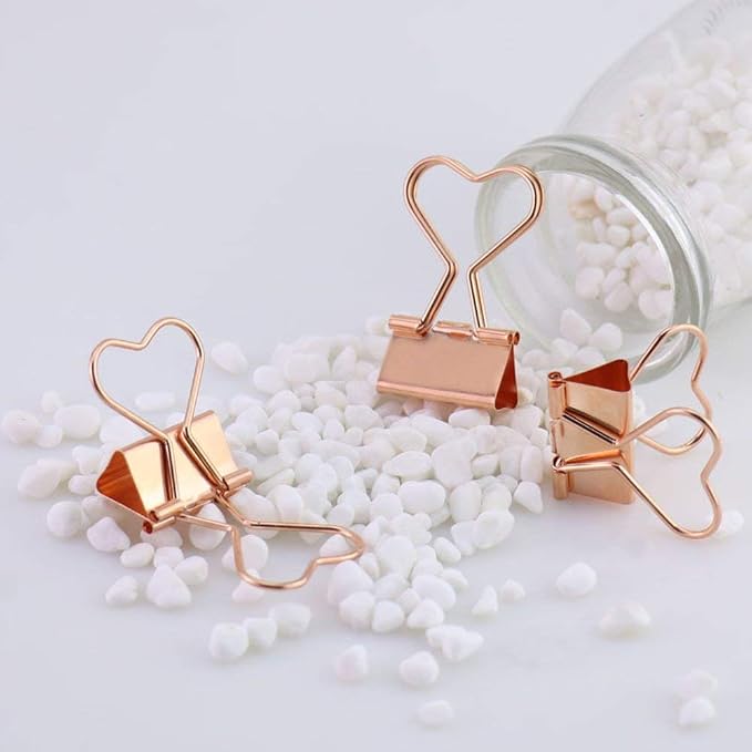 Rose Gold Metal Binder Clips with Heart Shaped Handle, 0.74" Foldback Clips, 12 Pcs