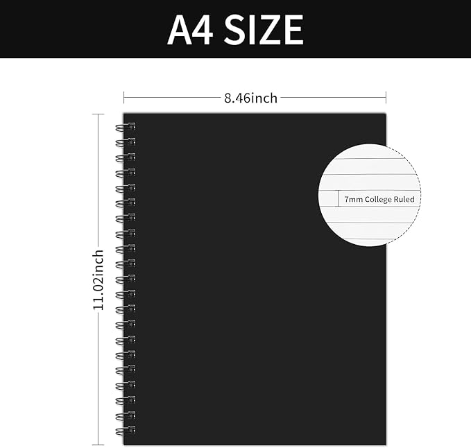 Lined Spiral Notebook A4 Large Journal 8.5" x 11",6 Pack 7mm College Ruled Hardcover Notebooks 160 Pages 100GSM Thick Paper for Note Taking School Office Supplies