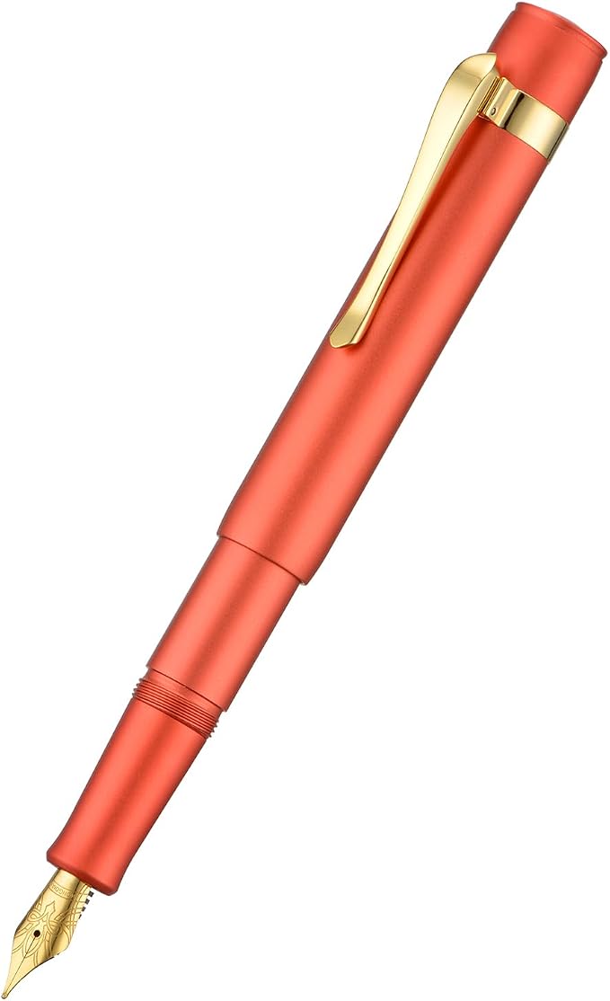 HONG DIAN M2 Black Forest Mini Fountain Pen, Fine Soft Golden Nib & Sleek Shape Aluminium Short Pocket Travel Pen (Orange Red)