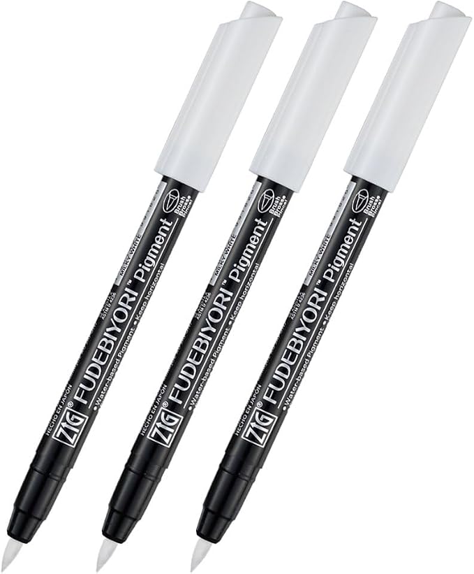 Kuretake ZIG FUDEBIYORI PIGMENT Milky White 3 pens set, For Lettering, Illustlation, AP-Certified, Flexible Hard brush tip, Effective on black paper, Professional quality, Made in Japan