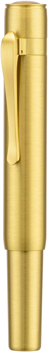 HONG DIAN M2 Mini Brass Fountain Pen with Bent Nib, Sleek Shape Short Pocket Travel Pen (Glossy Brass)