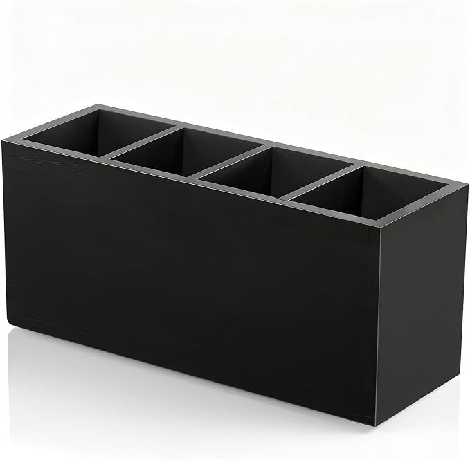 Bivvclaz Pencil Pen Holder for Desk, Wooden Office Desk Organizers and Accessories with 4 Slots for Countertop, Makeup Brush Holder Organizer for Bathroom Vanity, Silverware Caddy for Party, Black