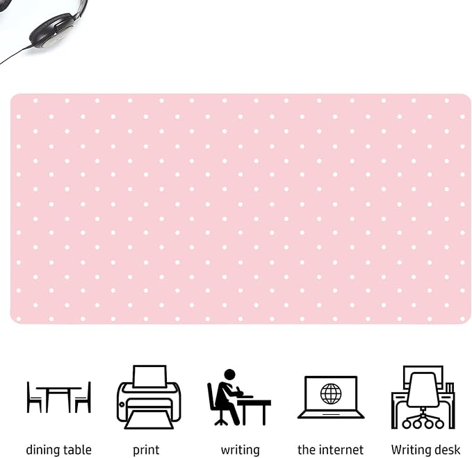 White Polka Dot Leather Desk Mat Extended Gaming Mouse Pad | Non-slip Large Writing Pad Laptop Blotter Computer Keyboard Mat | Cute Pink Desk Protector for Home Office 31.5" x 15.7"