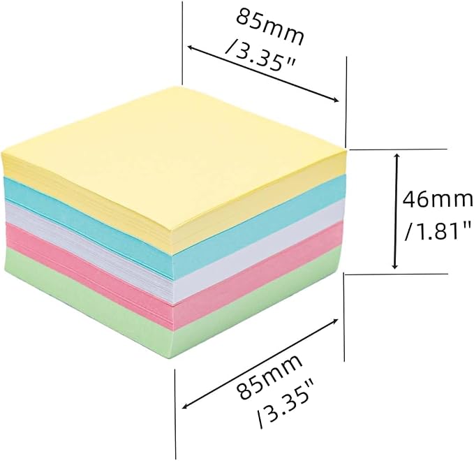 Non Sticky Blank Notes Cube 500 Sheets 3.35x3.35 Inch 5 Bright Colors Memo Note Loose Paper Cubes for Taking Reminders Home Office Writing Supplies