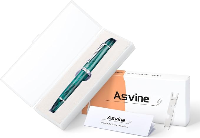 Asvine V800 Fountain Pen – Vacuum Filling System with Large Ink Capacity – Smooth Number 8 Extra Fine Nib with Gift Case and Wrench- Green Acrylic