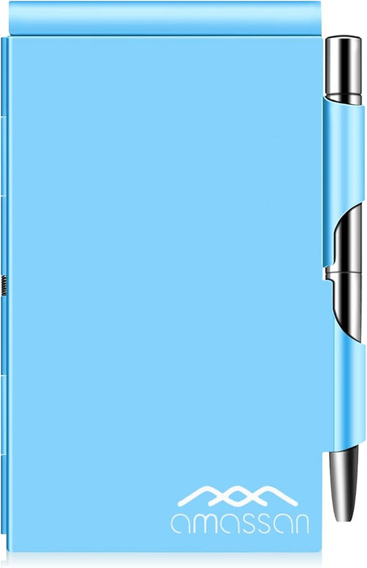 amassan Metal Pocket Notebook, Small Pocket Notepad Aluminum Note Case with Mini Metal Pen and 60-Page Sheets (Blue)