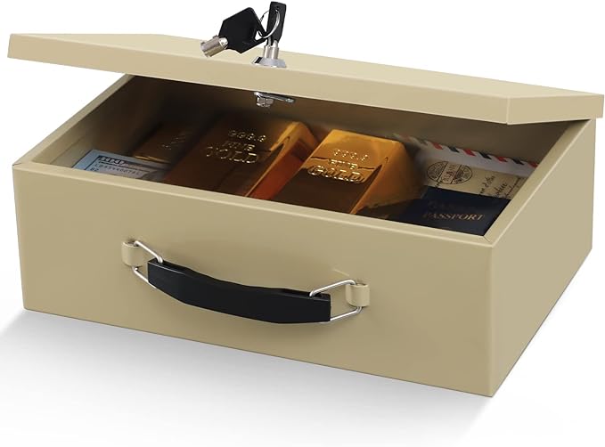 xydled Fire Resistant Safe Fire Safe Box with Key Lock for Home Office Security Storage for Valuables Documents,12.8 x 8.5 x 4.5 Inch,Sand