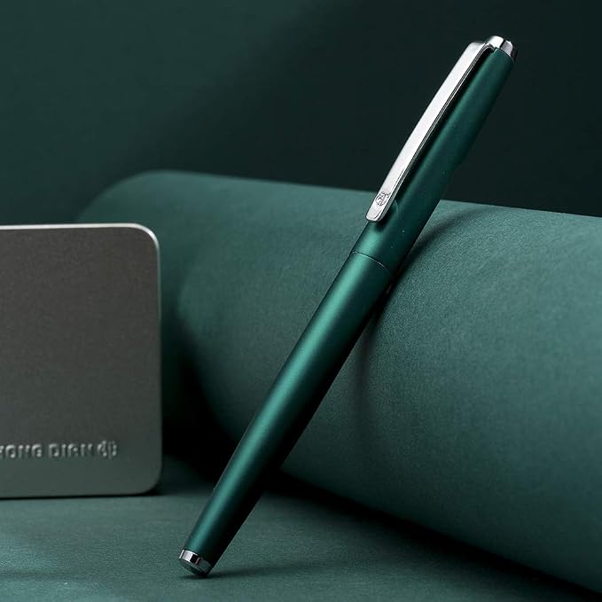 HongDian 525 Green Metal Fountain Pen, Extra Fine Nib Classic Pen, Includes Metal Pen Case and Refillable Converter