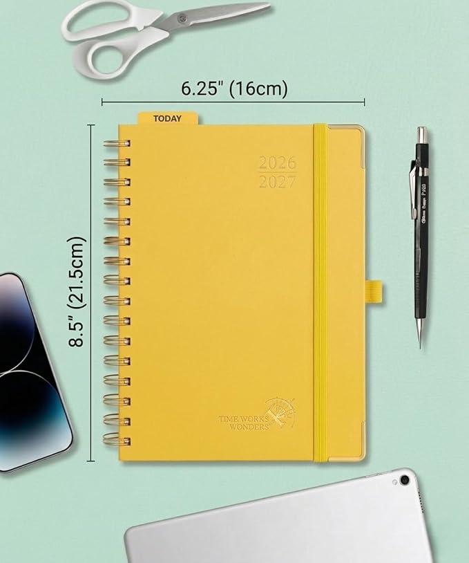 POPRUN 2026-2027 Weekly Planner 6.25" x 8.5" Weekly and Monthly Planner | Jul 2026 - Jun 2027 Daily Agenda Book with Hourly Schedule, Tabs, Hardcover, School and Office Supplies- Light Yellow